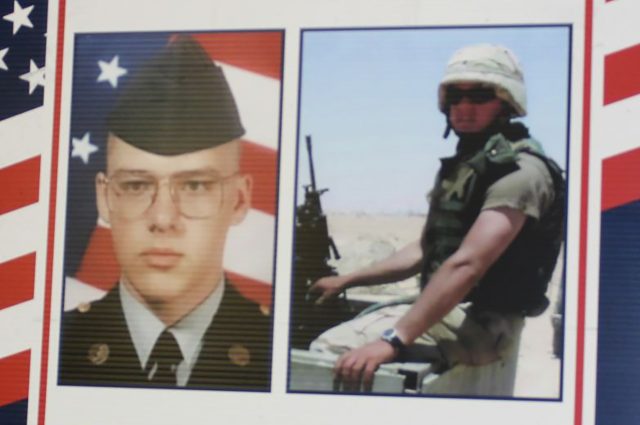 Two photos of Jeremy Ridlen: a headshot 而且 a shot of him deployed in Iraq