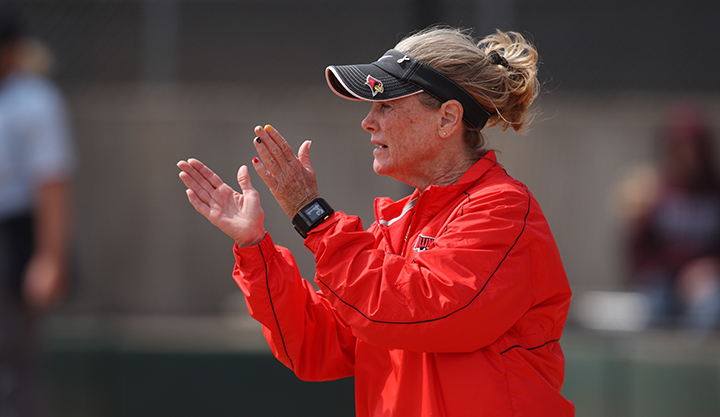 Redbird softball coach Melinda Fischer cheers