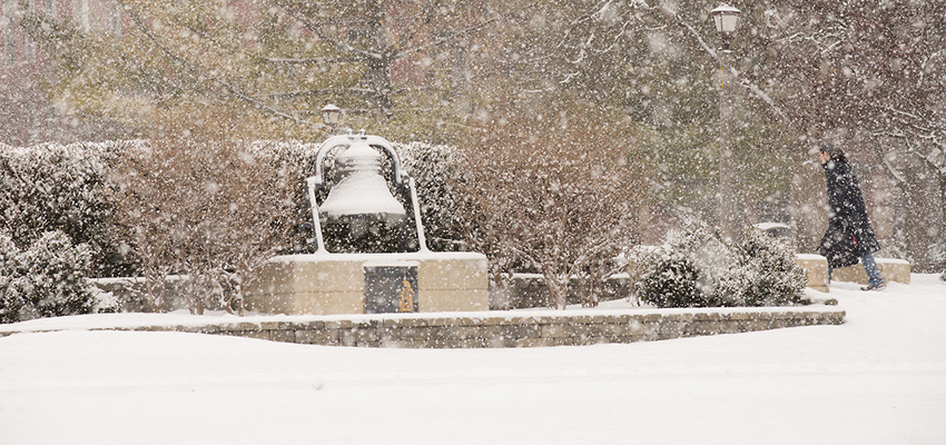 Snowy bell on the Quad