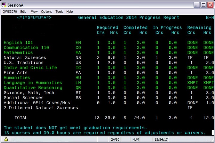mainframe degree audit progress screen