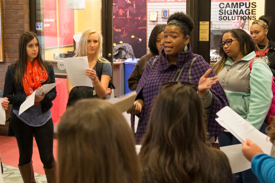 Teneisha Huley instructs Illinois State students who provided tours and helped TEACH Club members from Chicago Public Schools experience "A day in the life" of a college student.