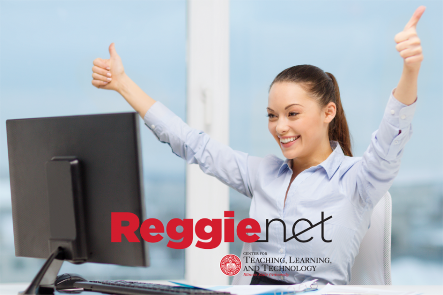 Woman at computer with Reggienet line below her