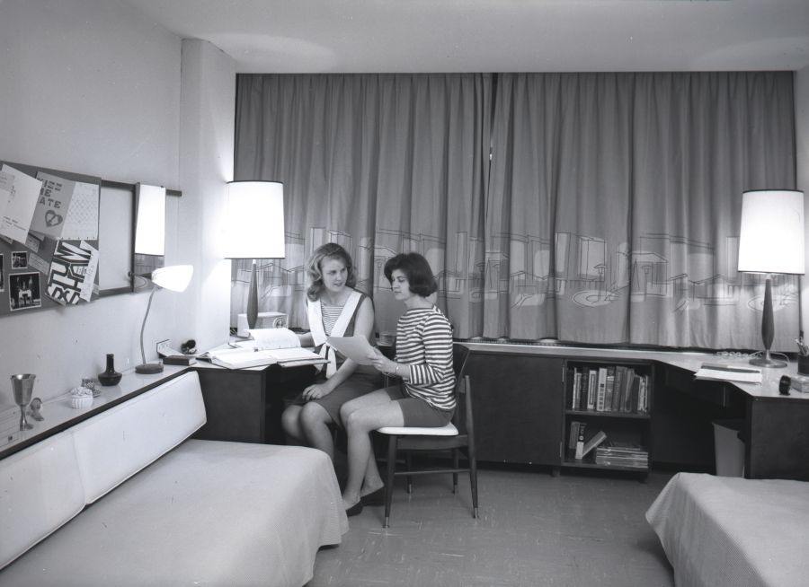 Students inside their West Campus residence hall room in 1965