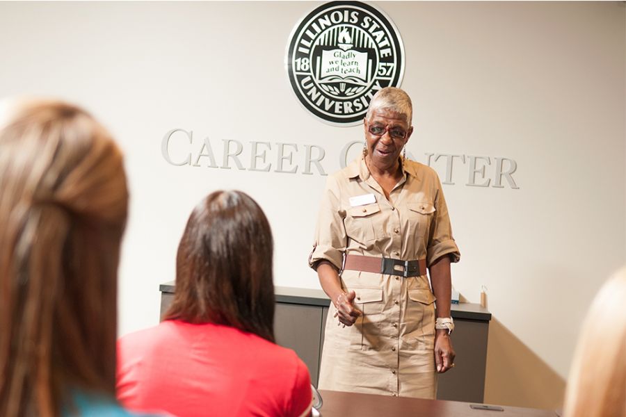 Woman talks inside the Career Center