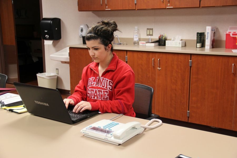 Female student using a computer