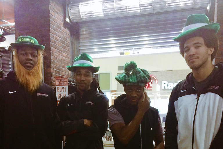 ISU basketball players in leprechaun hats
