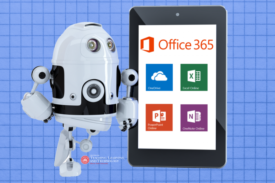 Cute robot leaning against tablet with Office icons