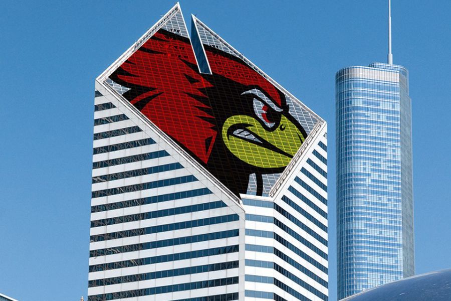 Chicago building with Reggie Redbird head on top