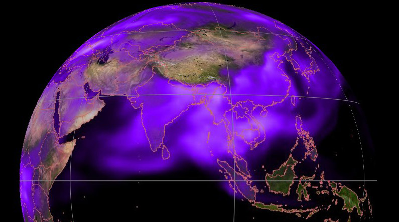 An image of the spread of black carbon, also known as soot, from the National Oceanic and Atmospheric Administration