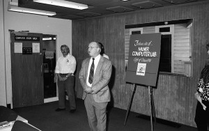 Dr. Fred Peterson, then Dean of Milner Library, speaks in front of space to become computer lab in 1991.