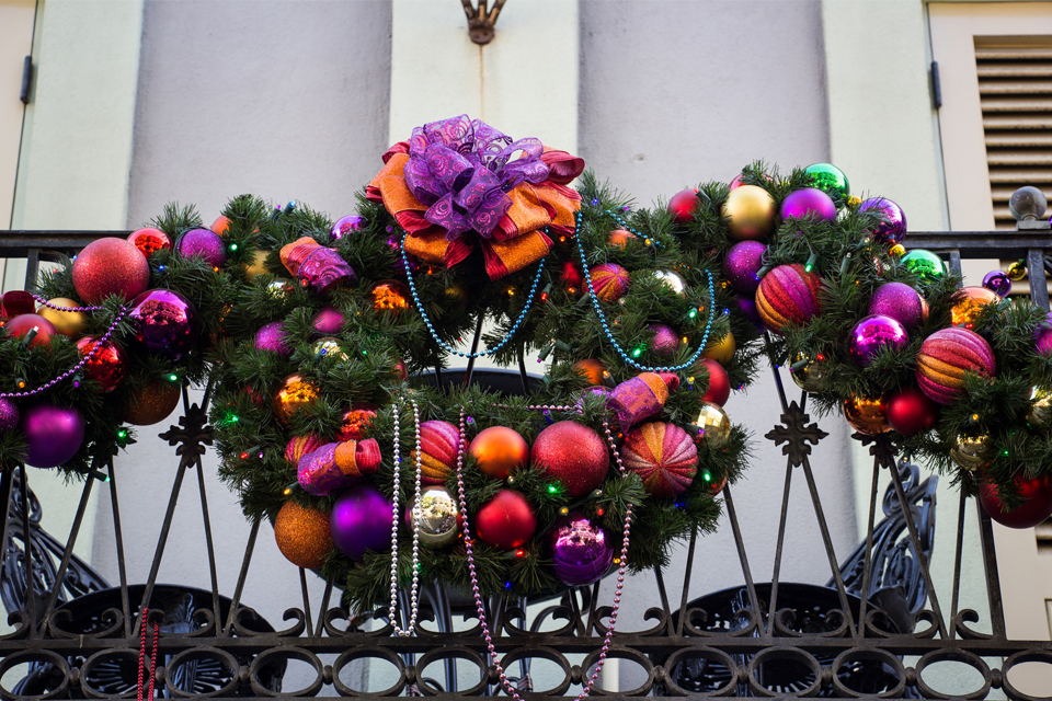 wreath and garland with ornaments