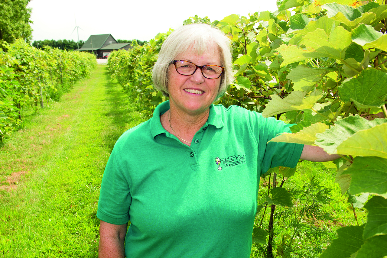 Mary (Mouser) Hofmann '76 in her vineyard in Carlock