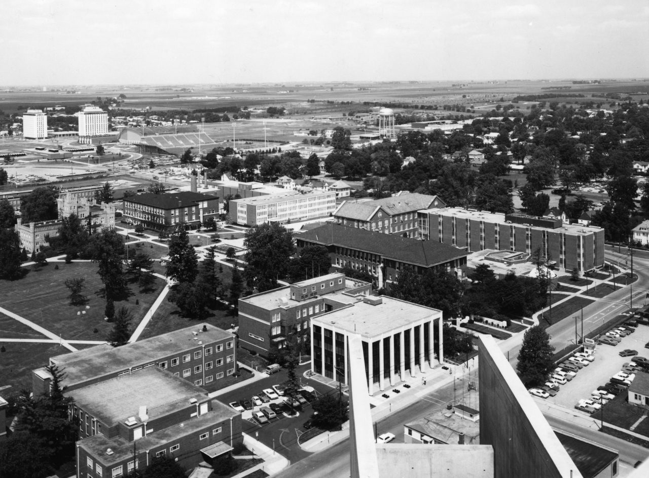 Aerial view of campus from the 1960's