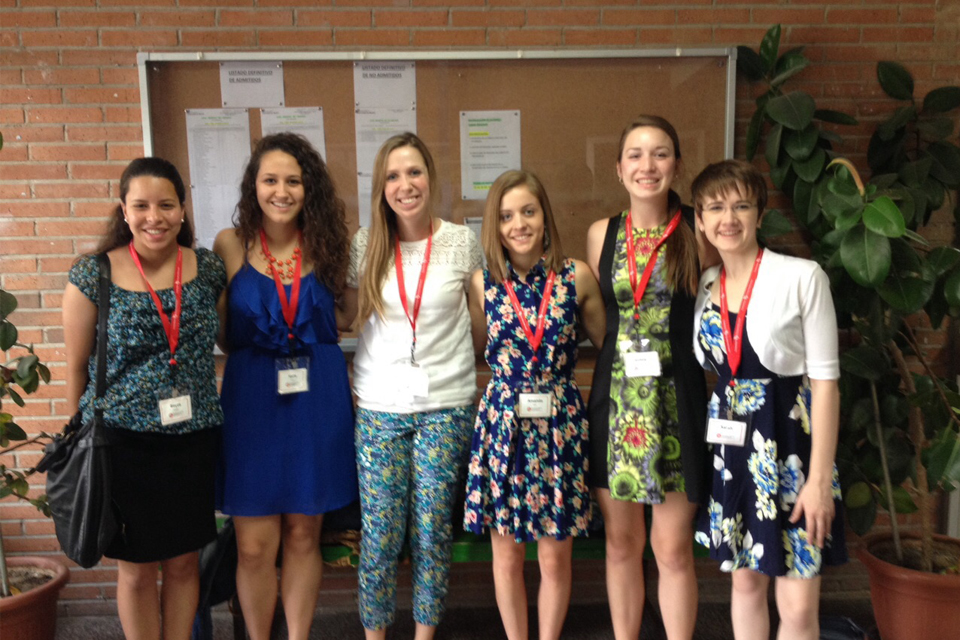Education majors who participated in the College of Education's Alcalá de Henares, Spain study abroad trip in the summer of 2015 pose for a photo in the school where they worked with Spanish students and teachers.