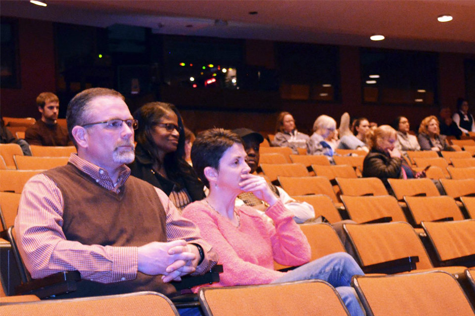 Bloomington-area teacher and Bloomington Education Association President Rich Baldwin M.S. '99 (left) attends the screening and expert panel for Paper Tigers on March 30.