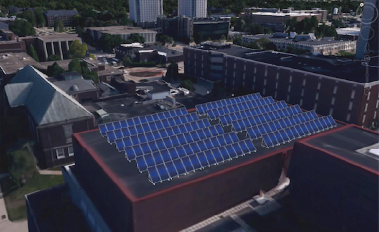 A rendering of a proposed solar-energy gathering site at the top of the Center for Performing Arts.