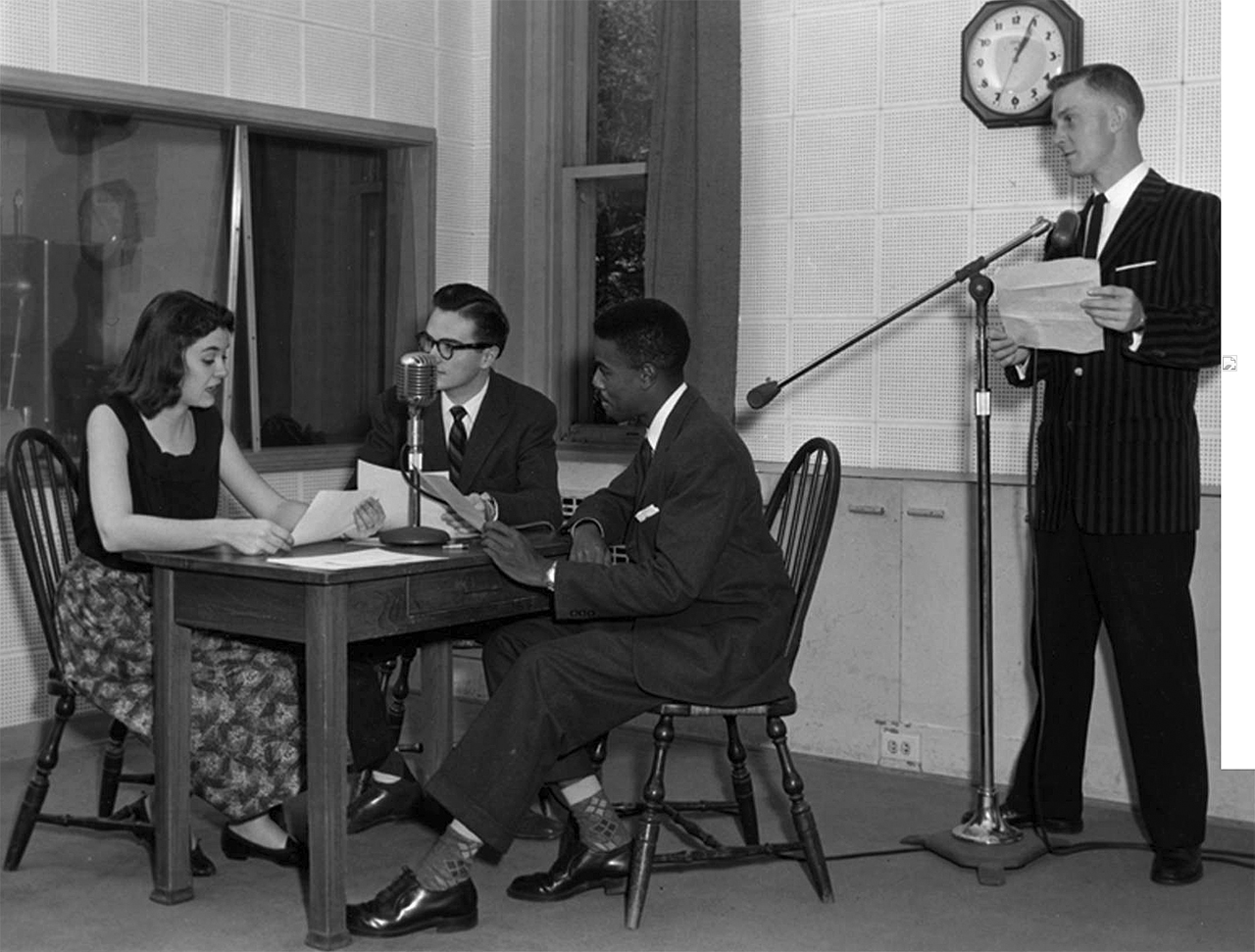 A 1956 broadcast, opposite page, captures the educational programming done from the 1930s into the 1950s. WJBC offered airtime to the ISU station. (Courtesy of the Dr. Jo Ann Rayfield Archives at Illinois State University)
