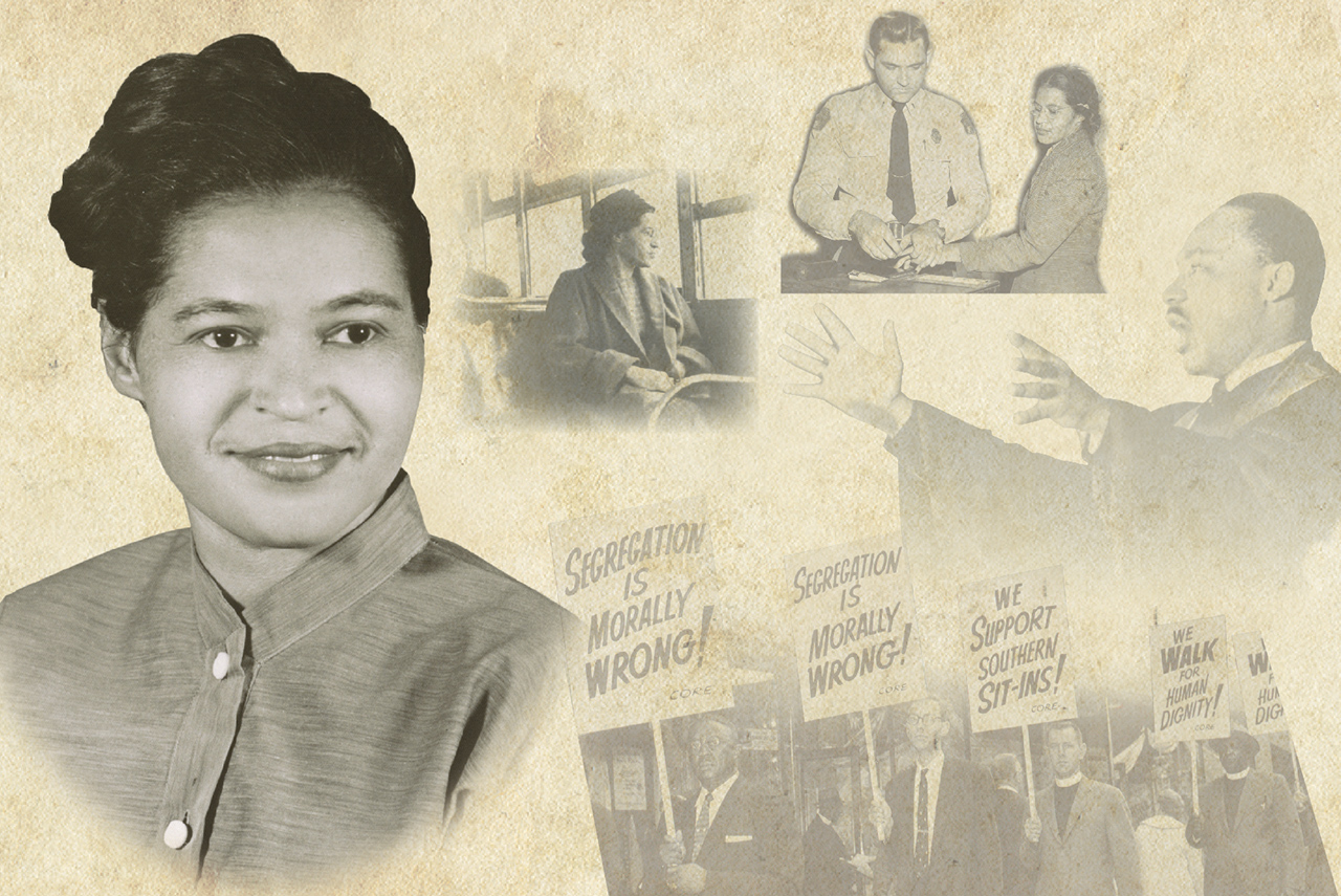 A montage of images in the new Rosa Parks Room in Watterson Residence Hall. Photo courtesy of the Library of Congress.