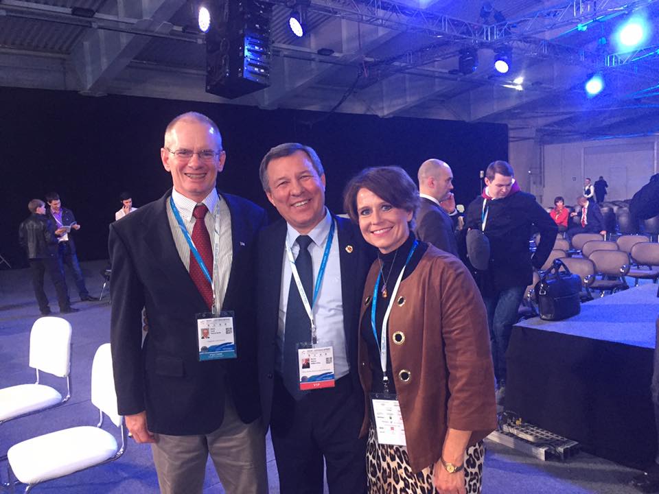 Professor Dave Thomas; Victor Babkin, of the Russian sports ministry; and Professor Karen Dennis at the Russian Sports Forum