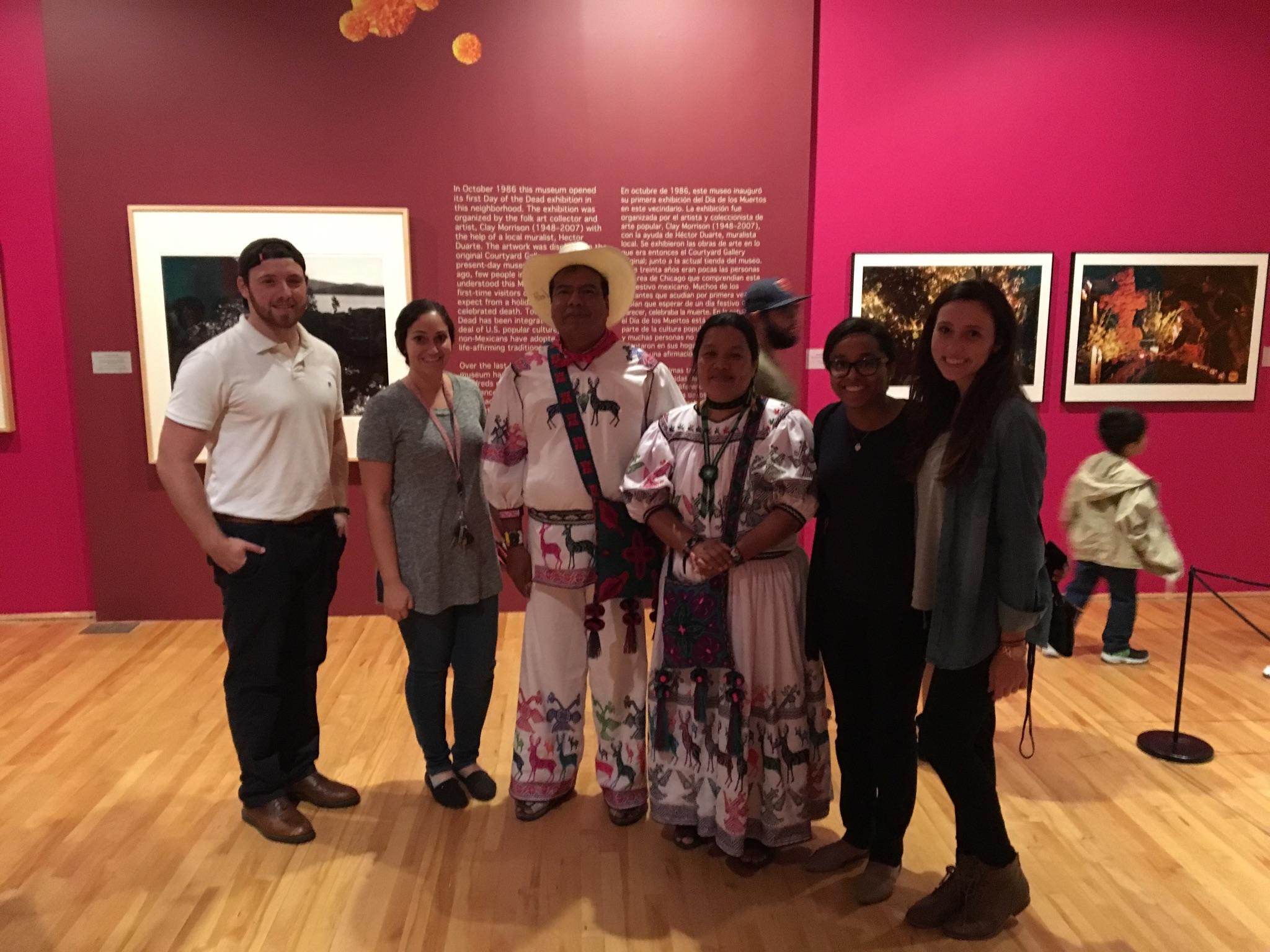 Illinois State preservice teachers alongside Nayarita folkloric performers. Left to right: Joseph Cardinal, Bianca Baez, Jasmine Grullon, and Elizabeth Carroll.