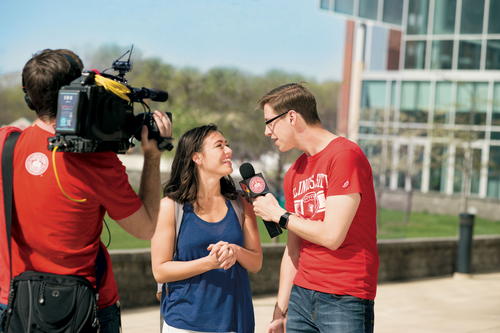 Keith Habersberger talks to a student on camera