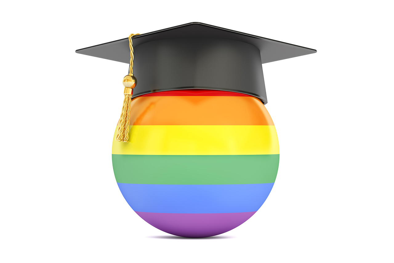 image of a gay pride flag glove with a graduation cap