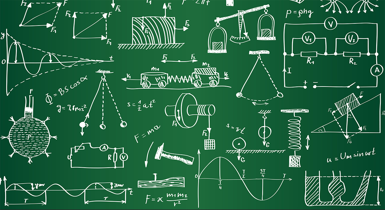 Image of physics equations, experiments, and symbols.