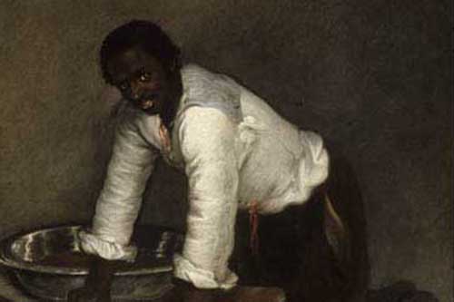 Man in a painting hunched over a bowl