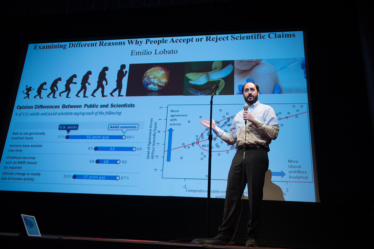 Emilio Lobato, a master's student in the Department of Psychology, placed first at Illinois State's Three Minute Thesis competition.