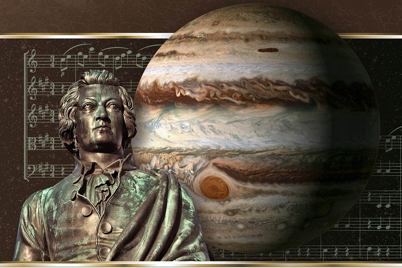 Photo illustration of W.A. Mozart and Jupiter