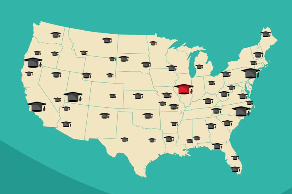 Map of US with mortarboards scattered around