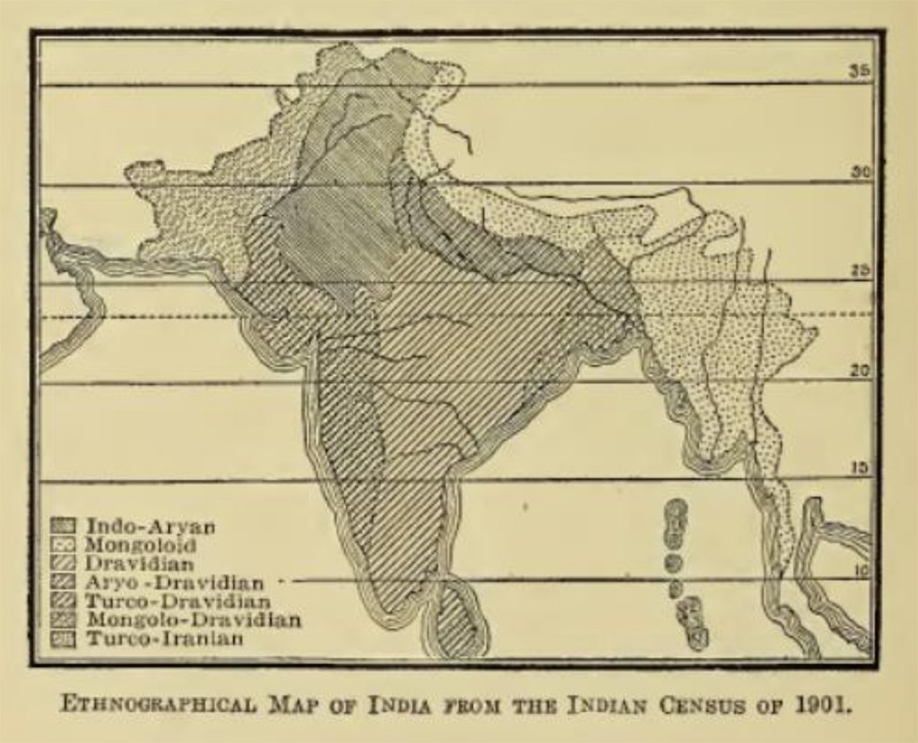 An ethnographic map of India from Ellen Semple's Influences of Geographic Environment (1911).