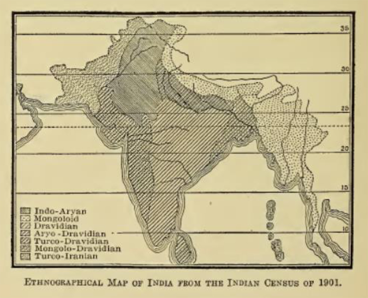 An ethnographic map of India from Ellen Semple's Influences of Geographic Environment (1911).