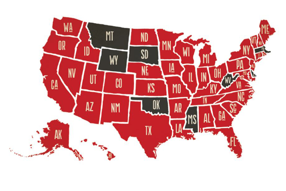 Map illustration of the United States representing the 42 states where CSPA alumni live and work. States in red indicate that there is at least one program graduate in the area. Gray states indicate where there are no CSPA alumni. Gray states include Montana, Oklahoma, South Dakota, Wyoming, Mississippi, West Virginia, Massachusetts, and Road Island.