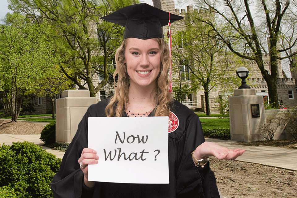 New graduate holding a "Now what?" sign