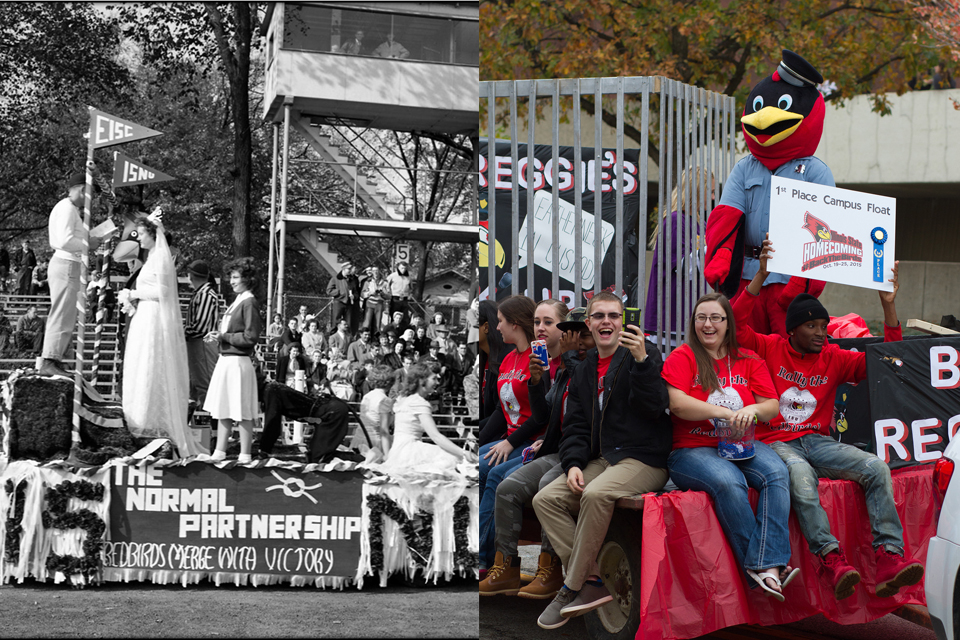 1940 parade float and 2015 parade float with students