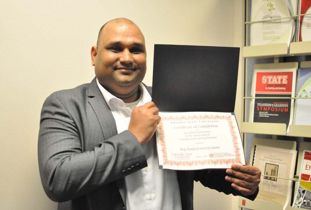 Rajagopal Sankaranarayanan with his specialized instruction in the scholarship of teaching and learning program certificate