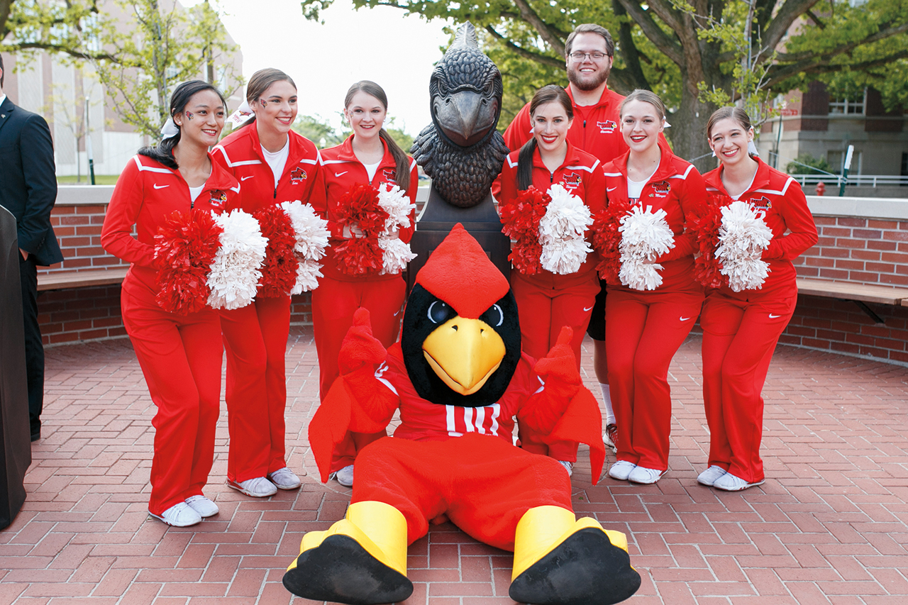 Reggie and the Illinois State cheerleading team posed at the spot that is a popular place for photos.