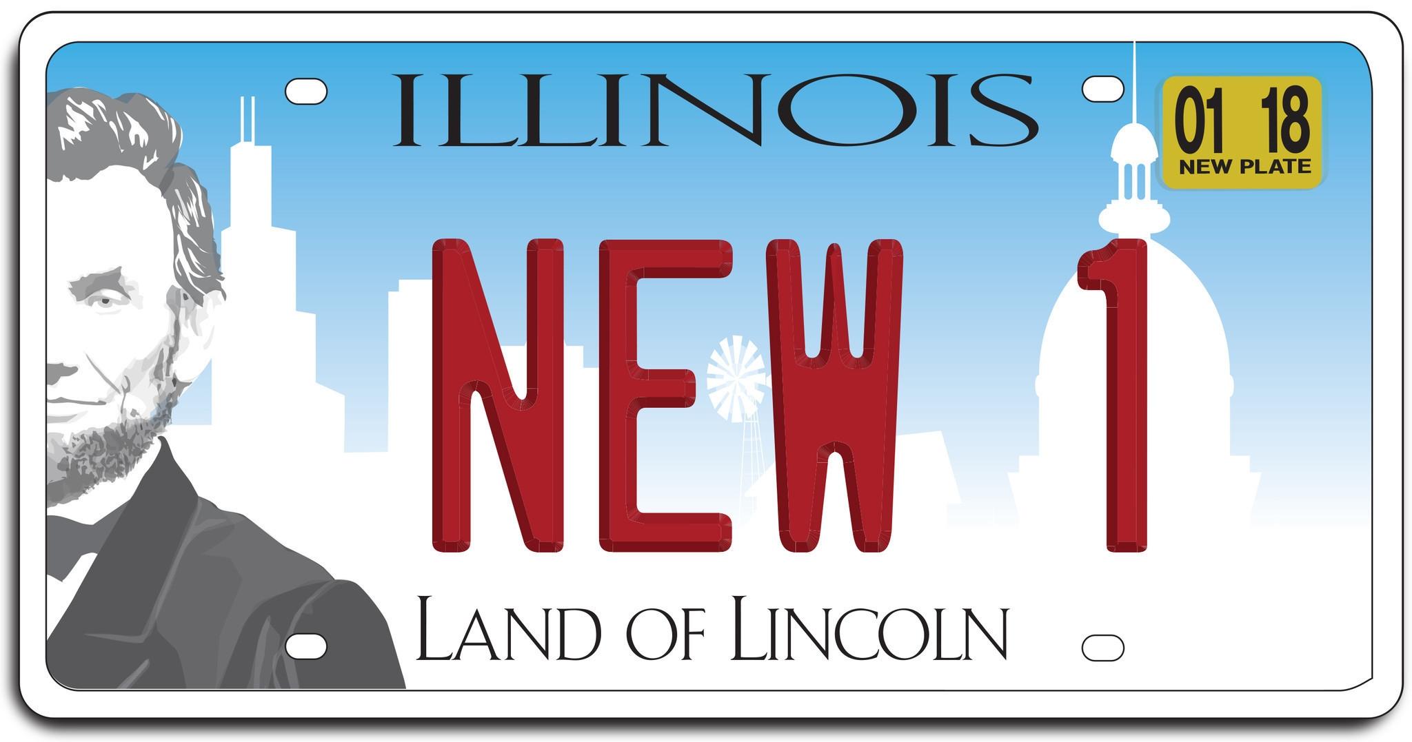 license plate with images of Lincoln, and silhouettes of the state capitol, and the Chicago skyline
