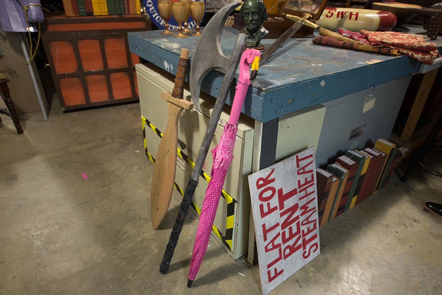 The weapons in the prop shop can look quite imposing (note large axe and swords), but they are all non-lethal, safe props. Professor Paul Denhardt is the department’s weapons expert, fight coordinator, and is a director. He teaches classes in movement.