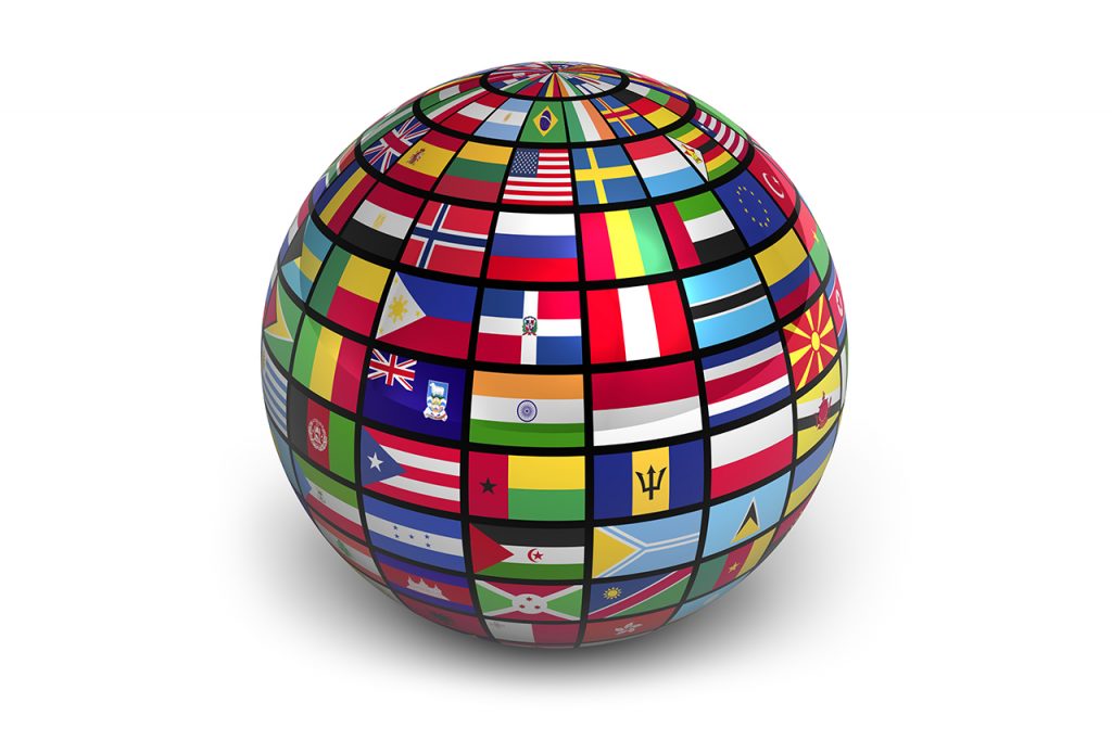 International globe with world flags isolated on white background