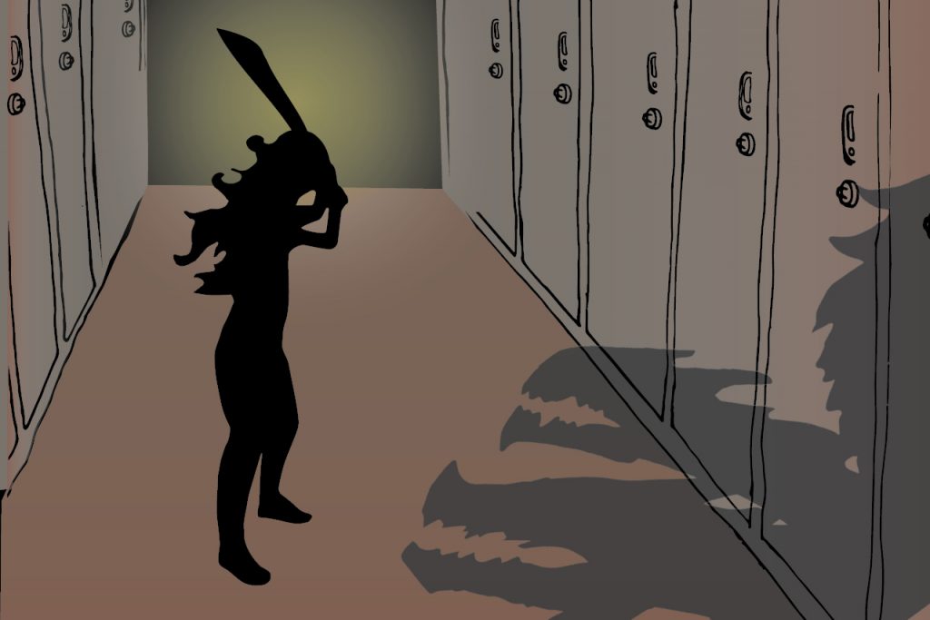Image from poster depicting a girl near lockers prepared to fight a dragon