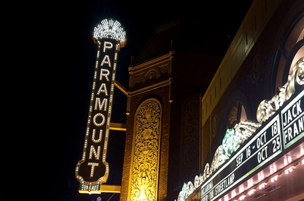 The Paramount Theatre marquee at night.