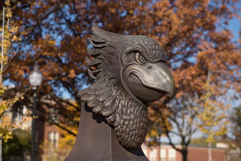 Redbird statue in fall