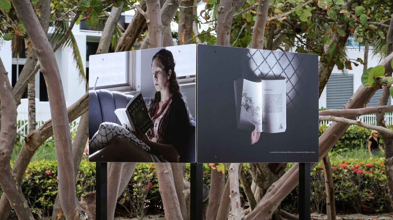 a tree-lined path with pictures of women reading books.