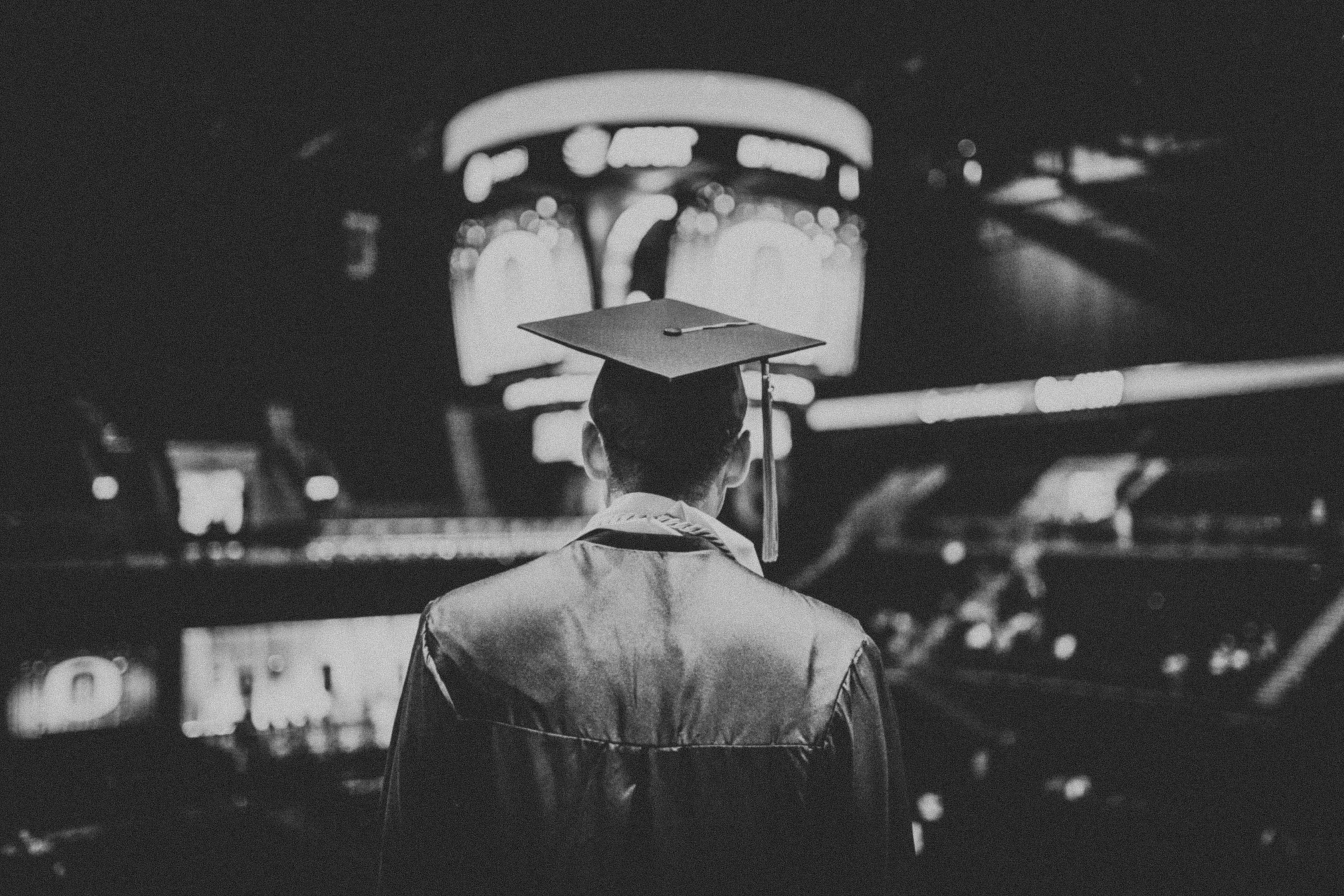 black and white photo of student graduating
