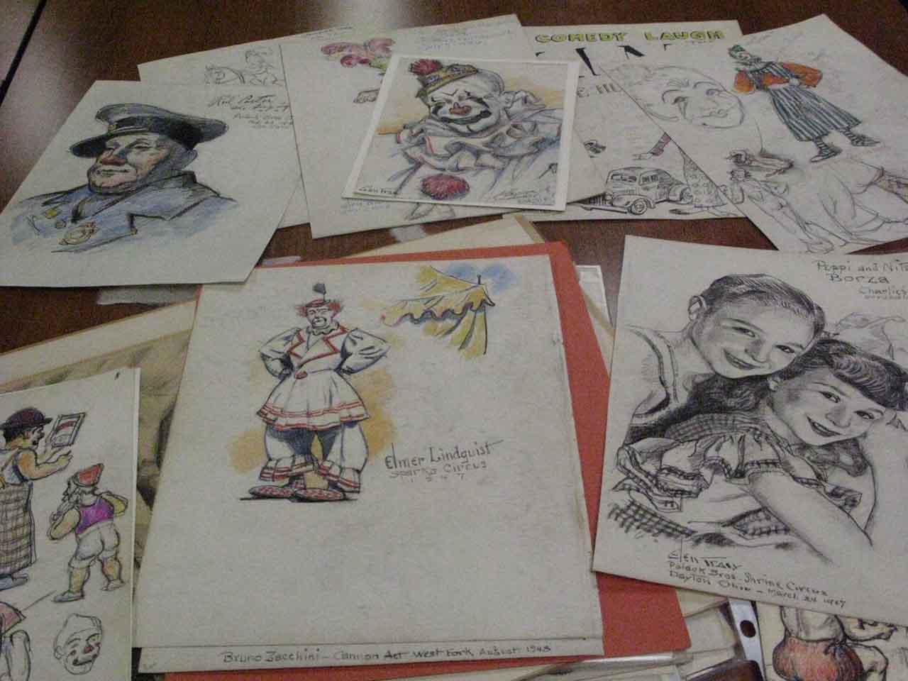 sketches of clowns and other performers