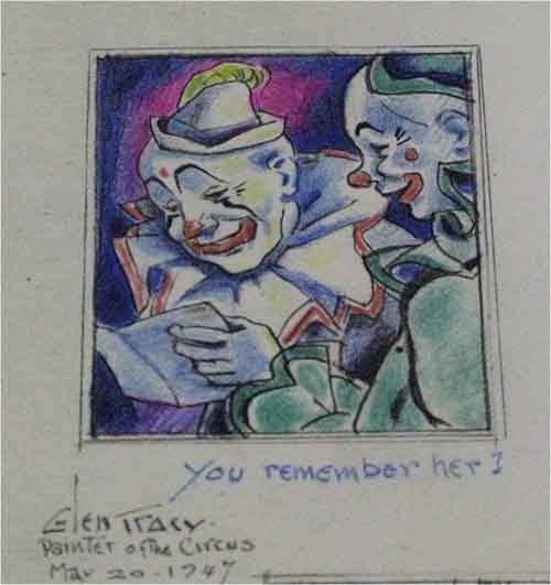 sketch of two clowns. one holding a book and other other saying "Do you remember her?"