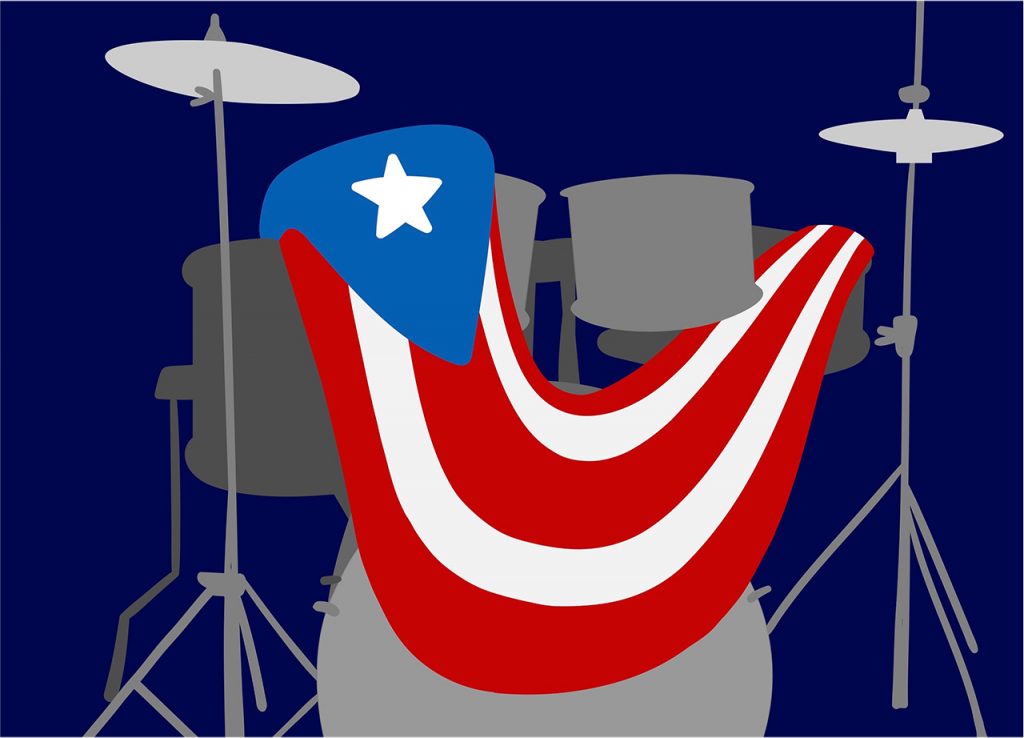 illustration of a drum set with the Puetro Rican flag draped over it.