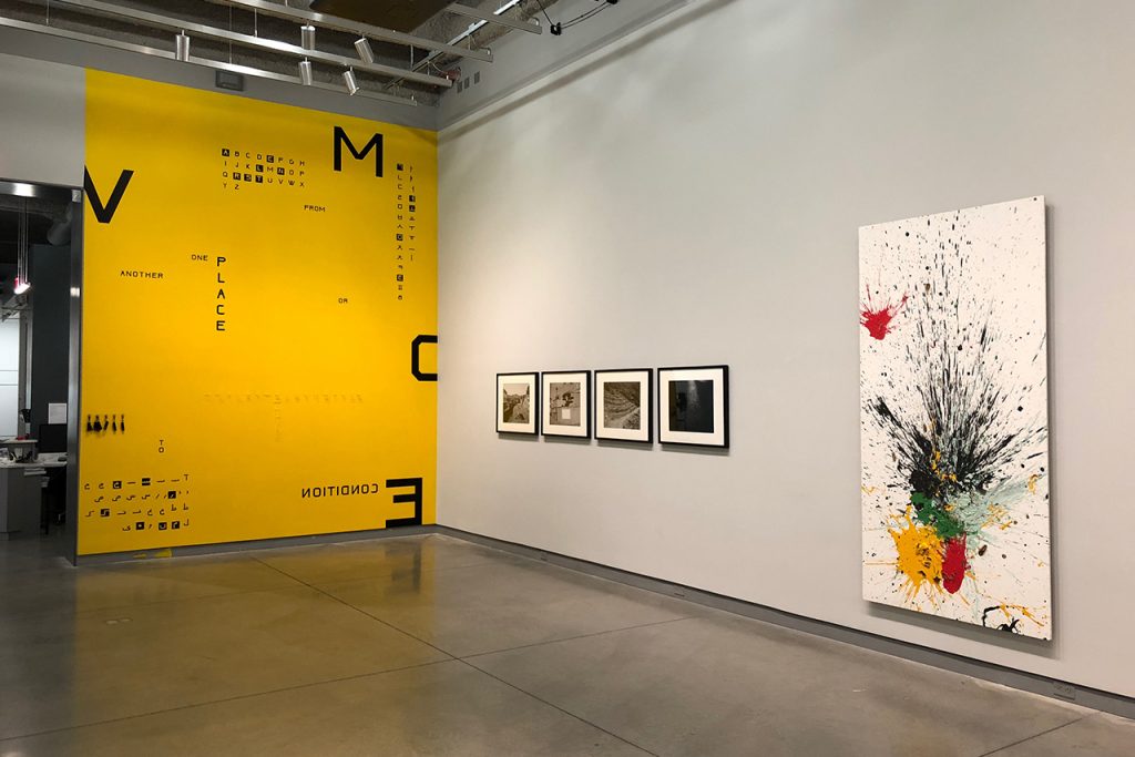 Installation view of 2018 Faculty Biennial at University Galleries. From left to right: collaborative work by Alice Lee and Ladan Bahmani; Jason Reblando; John Miller.